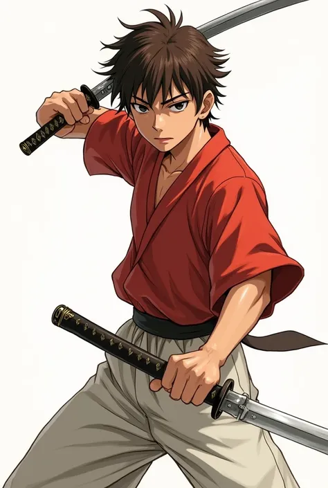 a guy with average messy brown hair, dark brown eyes, a red shirt on top and white on the bottom,with a katana style sword