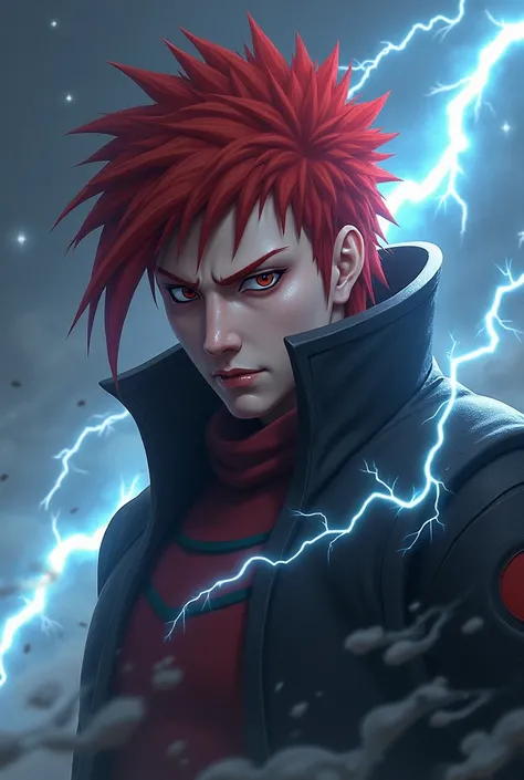 A character with the face of Nagato from the anime Naruto with lightning powers and red hair