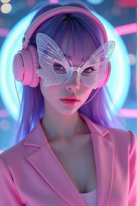 mulher coreana de cabelo roxo rosto perfeito com máscara de borboleta 🦋 futurista de prata rosa Roupa futurística rosa,with a background with a huge crystal ball in a club. with headphones young Korean girl 20 years old 