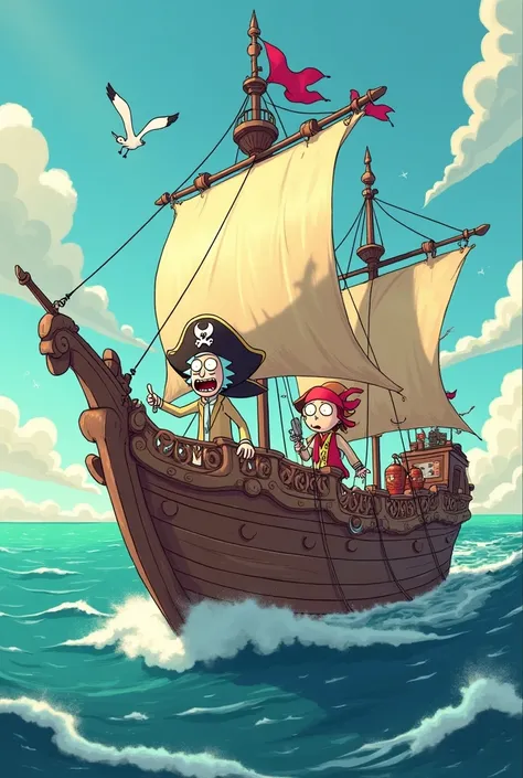 A caravel ship with Rick and Morty as a pirate


