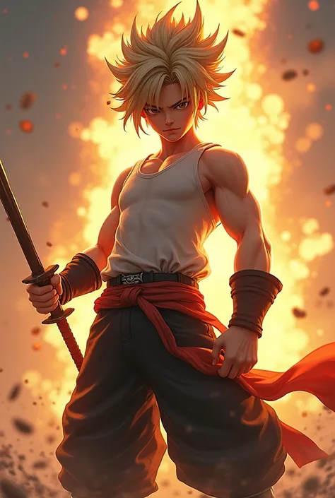 Create a character with brown hair Dragon Ball Z trait 1,68 tall, defined body with a sword, he wears a tank top and black pants and wears cuffs on each arm and has brown eyes and is white, young, 1, short hair similar to Trunks, clothes in the style of Fi...