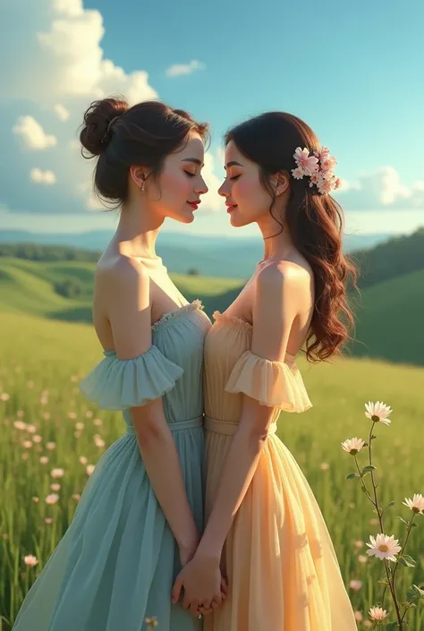 a beautiful young women holding hands, walking together, detailed faces, detailed eyes and lips, elegant dresses, serene countryside landscape, lush green fields, blue sky with fluffy clouds, natural lighting, warm color tones, (best quality,4k,8k,highres,...