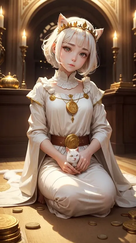 With a crown on his head々White cat sitting with, Surrounded by shiny coins. The scene is mysterious and symmetrical, bright, Luxurious atmosphere. White cats have smooth, shiny fur., Mysteriously shining eyes, Creates a solemn and mysterious atmosphere. Th...