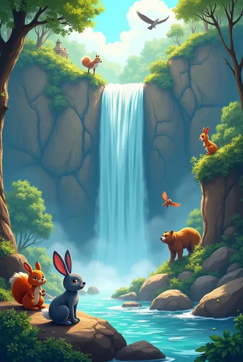 Make an illustration showing of beautiful magistic waterfall with only one gray bunny, one happy orange squirrel, happy bear and happy eagle. 