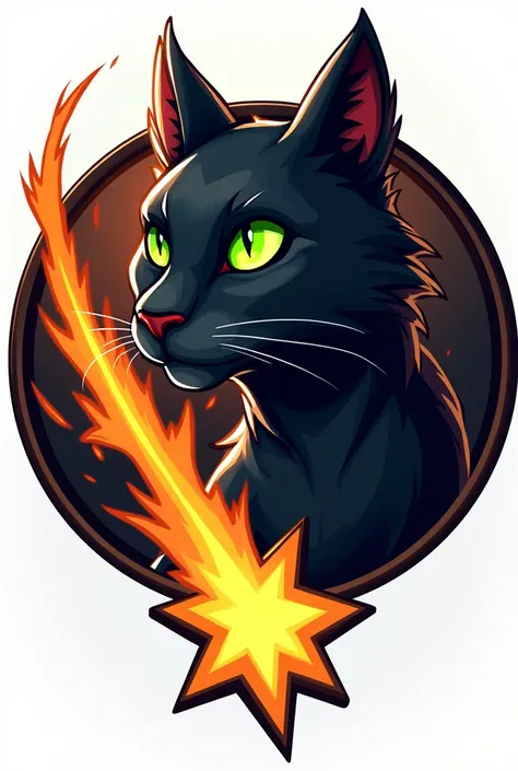 escudo de soccer team,, soccer team, Circular, black cat on the side, with green eyes, orange comet, “Premier Stars”, Of course, png