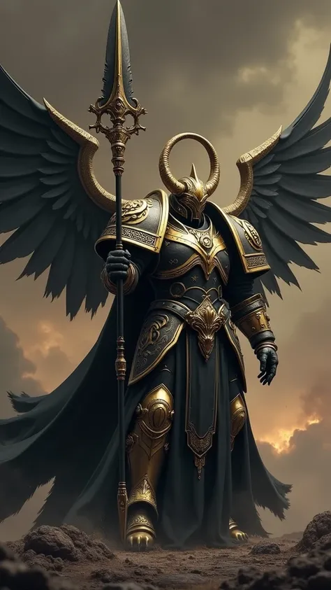 Make me this character in the style of the Warhammer 40k universe, Change the color of the armor to black and gold, black wings also with armor, The spear is also black and gold and the helmet is more Warhammer 40k style and also has decorative wings., tha...