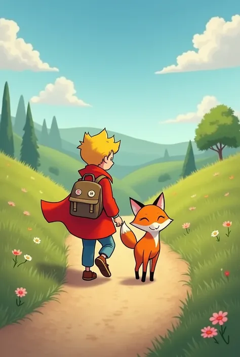 The little prince with his cape walking with a backpack to school, next to the little fox  