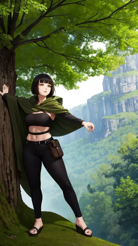 short straight hair with a fringe, olive black crop bra high-waisted olive green pants, creen cloak flowing over shoulders, no visible accessories, relaxed standing pose, looking straight ahead, smooth fair skin, outdoor mountainous scenery, green hills an...