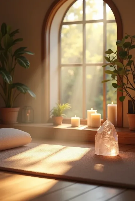 a tranquil meditation space, natural lighting, airy atmosphere, spiritual significance, serene, peaceful, calming, relaxing, soft natural textures, wooden elements, yoga mat, incense, candles, crystal prisms, sunlight, warm tones, soothing ambience, contem...