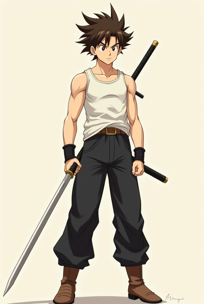 Create a character with brown hair Dragon Ball Z trait 1,68 tall, defined body with a sword, he wears a tank top and black pants and wears cuffs on each arm and has brown eyes and is white, young, 1, short hair similar to Trunks, clothes in the minimalist ...