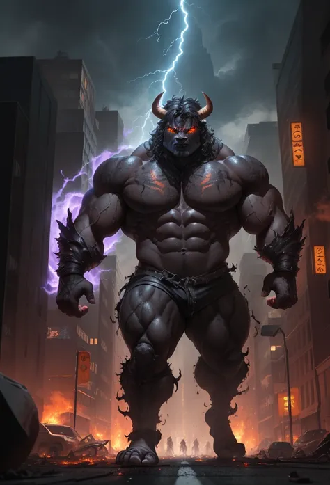 A massive, fearsome minotaur, towering over the street with an incredibly muscular physique, stands amidst chaos and destruction in the heart of a modern city. His hulking body is covered in dark, coarse fur, with veins bulging across his arms and chest, r...