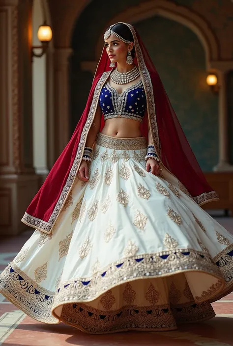 White Lehenga with Royal Blue Choli and Maroon Dupatta

Lehenga: A voluminous white lehenga with intricate golden and mirror embroidery at the base. The lehenga flows beautifully with each twirl, giving a majestic look.

Choli: Pair it with a royal blue ch...