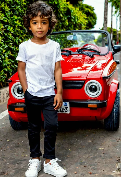 He is a  child, short wavy hair, slightly dark skin,his name is Joãozinho, likes to ride a red electric car with black wheels.he wears pants and a basic white t-shirt.he wears white sneakers with black stripes on the side.he has thin lips and brown eyes.ha...