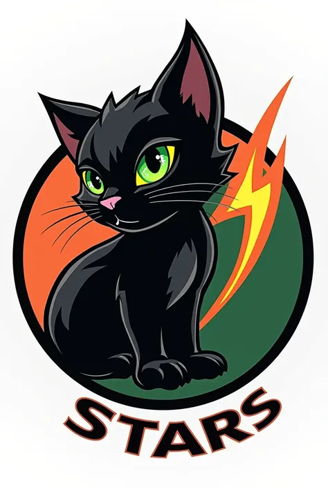 escudo de soccer team,, soccer team, Circular, black cat on the side, with green eyes, orange comet, “Premier Stars”, Of course, png