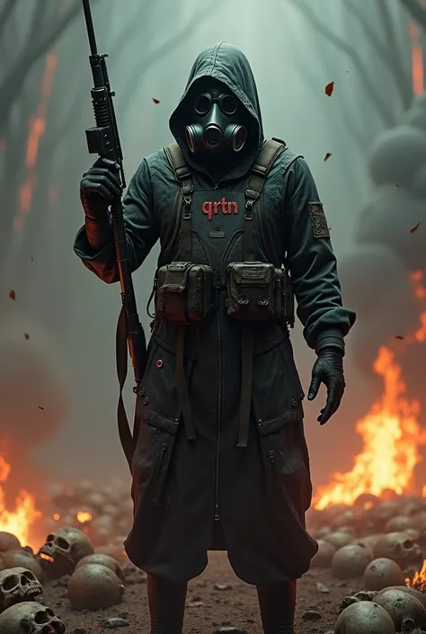 executioner with toxic gases and a mask with a rifle Word "QRTN" on the vest Background of skulls and fire 