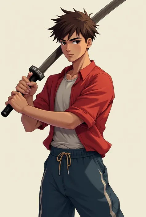 a guy with average messy brown hair, dark brown eyes, a red shirt on top and white and below the same shirt, dark blue sweatpants, with a katana style sword