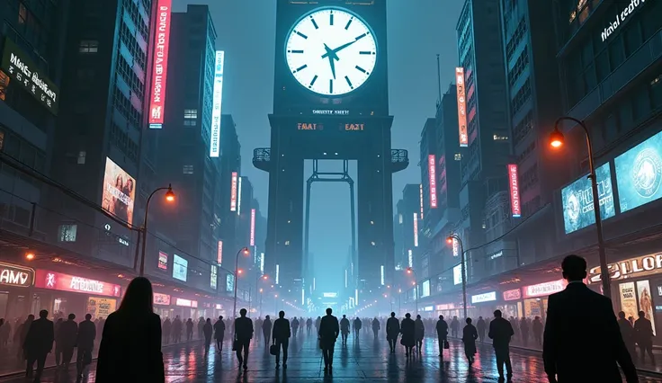 people walking in a city at night with a large clock tower in the background, in a futuristic cyberpunk city, futuristic cyberpunk scenario, arstation and beeple highly, in fantasy sci - fi city, sci-fi cyberpunk city street, busy cyberpunk metropolis, 3 d...