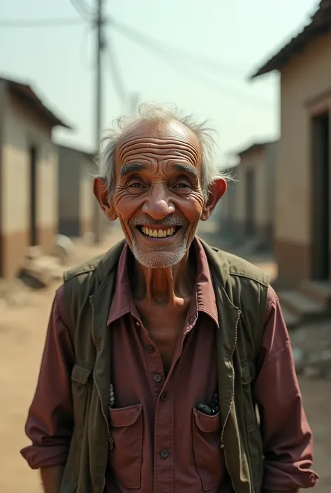 toothless person smiling, in an environment that presents poverty, horizontal image