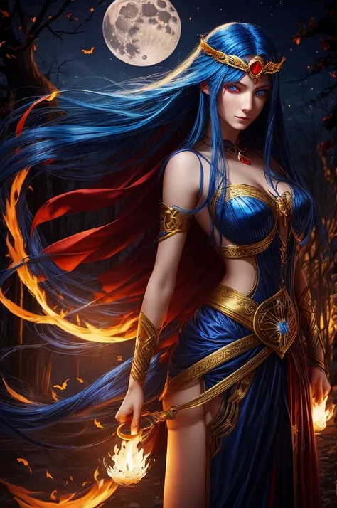 blue hair　long hair　red eyes　beauty　gold circlet　halloween　full moon　night　fire magic