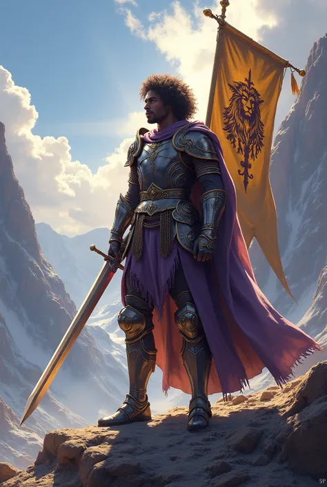 bottom: a landscape, like mountains and clear skies. character: A warrior (with dark skin like Killer Bee and curly hair like David Bisbal) with armor, with a banner representing nobility in his left hand. in his right hand, hold a sword. details: Incorpor...