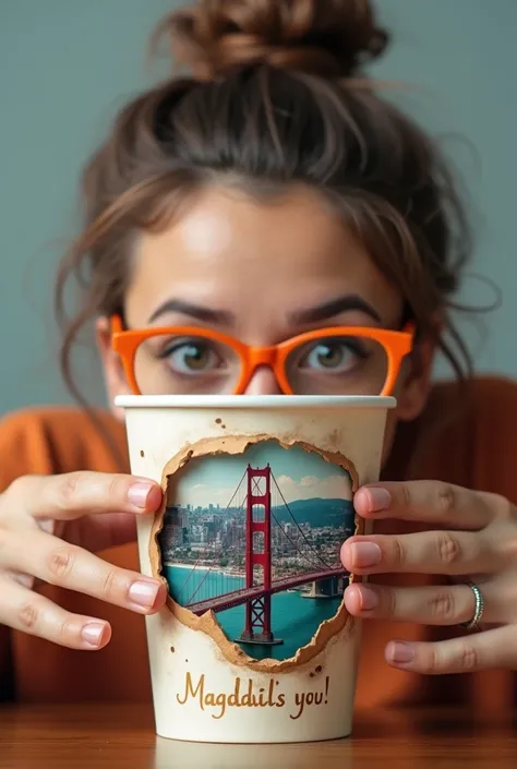 A realistic image of a coffee paper cup mockup. The cup has a realistic painting of a confident woman with orange glasses and tied hair. She has a beautiful face and is in close-up. She is tearing a hole in the middle of the image, with one hand tilting th...