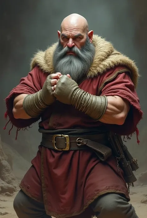 A dwarf monk, bald man with a long gray beard in the prime of life, with its 50 years in the rpg style, who is a master boxer based on the board game&D 5 edition, with a maximum weight of 80 kg, with a height of 1,50m
