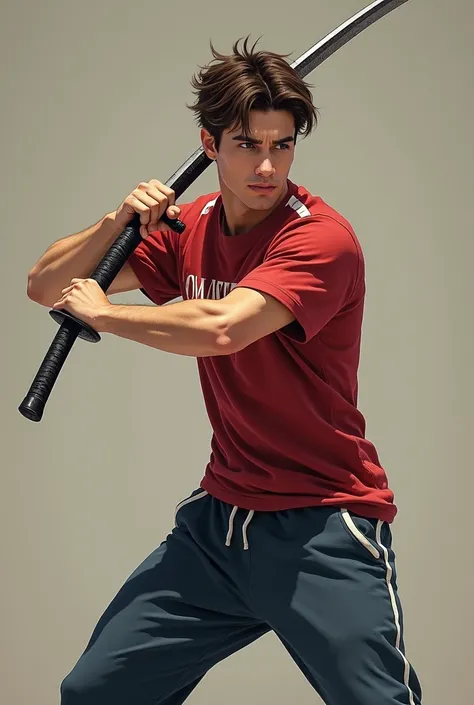 a guy with average messy brown hair, light skin, dark brown eyes, a red shirt on top and white and below the same shirt, dark blue sweatpants, with a katana style sword