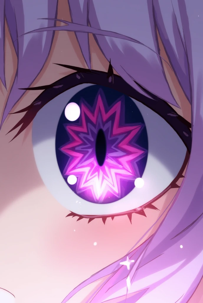 Create an eye with purple pupils and pink star-shaped irises like those in the anime Oshi no ko 