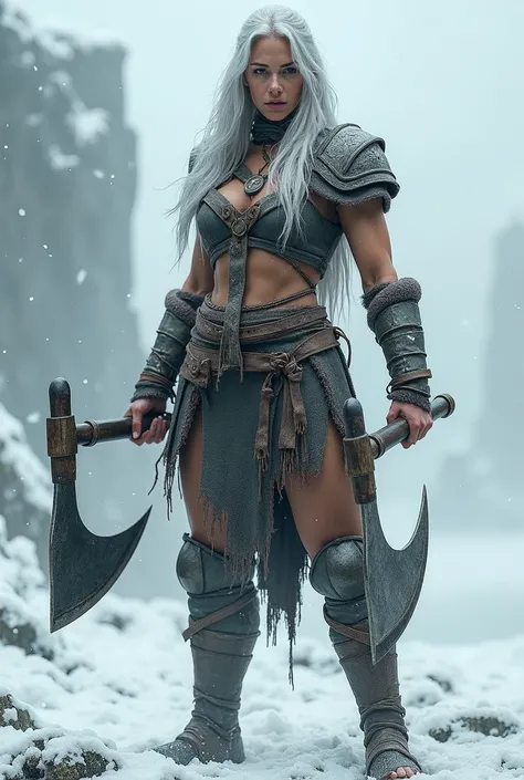 Tall muscular viking woman with long silver hair ,using two hatchets with the snow environment and lightly armored body,3D Rendering, Foreground, bottom view, Top view, 