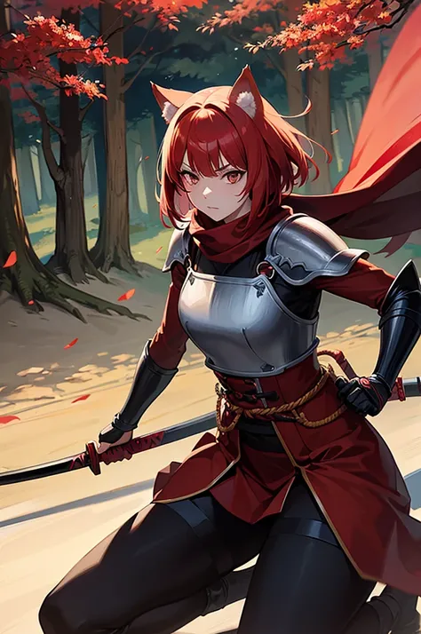 Anime, adult woman with wolf ears, red hair, bob cut hair, tall, lazy, carefree, muscular woman, samurai  warrior, armor, well covered with clothes, red japanese clothes, katana in sheet, red scarf, adventurer, forest background, best quality, pixiv master...