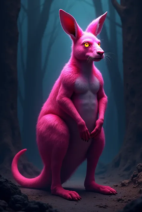 A kangaroo with vibrant pink fur, agile and muscular, with orange eyes that contrast with their unusual color, standing out in a dark and mysterious setting.