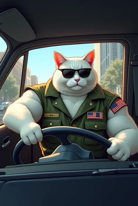 This is an anthropomorphic, muscular cat sitting in the drivers seat of a car, with both hands on the wheel. The cat is wearing military fatigues with an American flag patch and sunglasses. The character appears to be in an urban setting, with tall buildin...