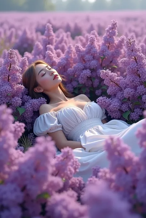 Lilac flowers with woman lying on the flowers 