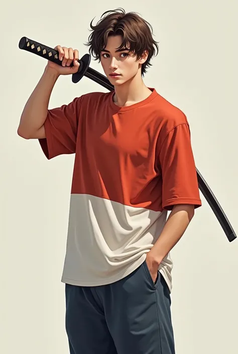 a guy with average messy brown hair, light skin, dark brown eyes, a red t-shirt on top and white and white on the bottom of the same t-shirt, dark blue sweatpants, with a katana style sword