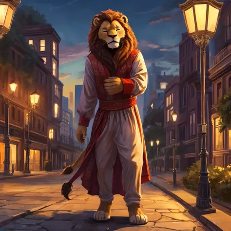 Masterpiece, Alone, (anthropomorphic lion, young), dress clothes (white), pose, Eyes closed, wind, Windy, park background, Evening, low lighting, streetlight, buildings behind.