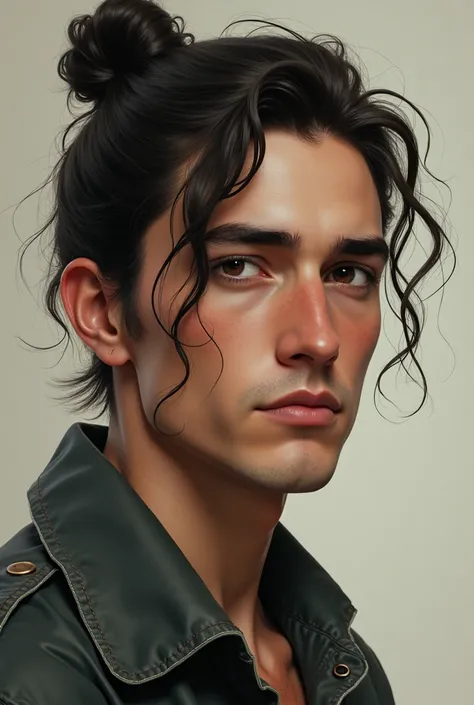 men, 20 years old, man bun hairstyle, dark brown eyes, epicrealism