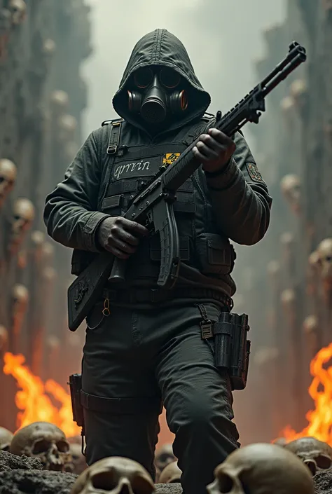 executioner with toxic gases and a mask with a rifle Word "QRTN" on the vest Background of skulls and fire 