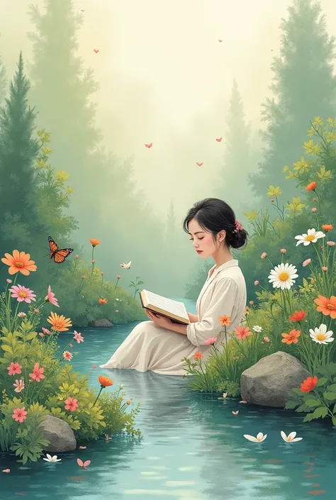 A calm and serene drawing. Here are some ideas for you:


*Themes*


1. "The reader in the garden": A woman reading a book in a flower garden.
.
2. Water (lake, river, Mar)
2. Negative space to generate calm.