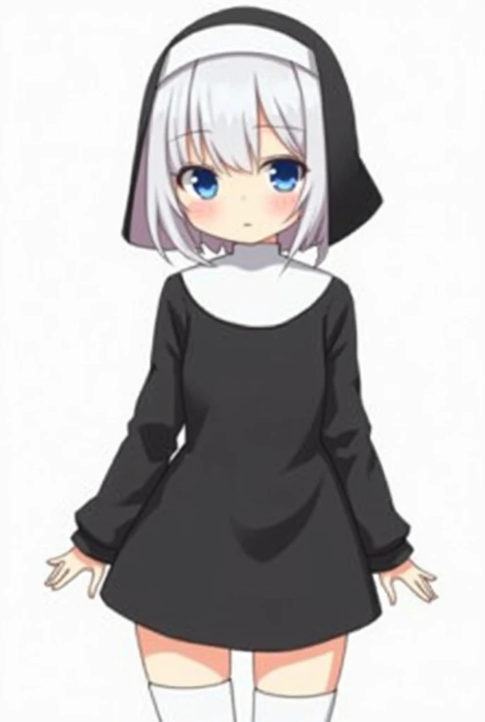 Anime female 1. White short hair. Blue eyes. Black and white Nun outfit. White stocking. Shy. Cute. No accessories on head.