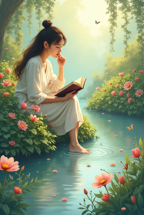 A calm and serene drawing. Here are some ideas for you:


*Themes*


1. "The reader in the garden": A woman reading a book in a flower garden.
.
2. Water (lake, river, Mar)
2. Negative space to generate calm.