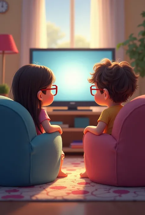 Create an image with two children watching TV 1 of  with long straight hair and red glasses, sitting in a blue chair and a  with wavy hair in a pink chair