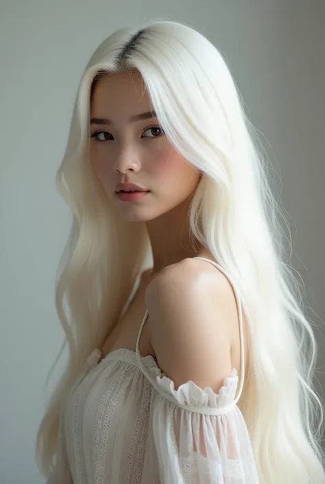 beautiful straight platinum hair long to the waist the model is frontally
