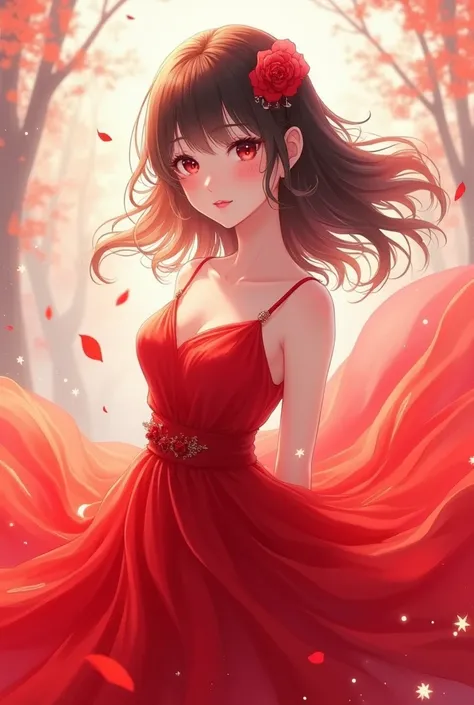 Create an anime girl in a red dress