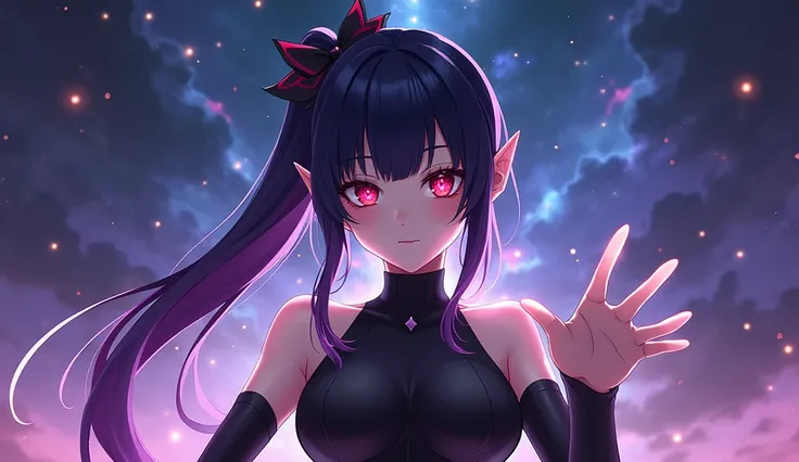 cute anime art style, female character, black semi short hair degraded to purple with white glowing tips with a long ponytail extension, red evil eyes, dark sclera, pale skin, supremacy pose from the bottom, black dress, extending the hand like it will tak...