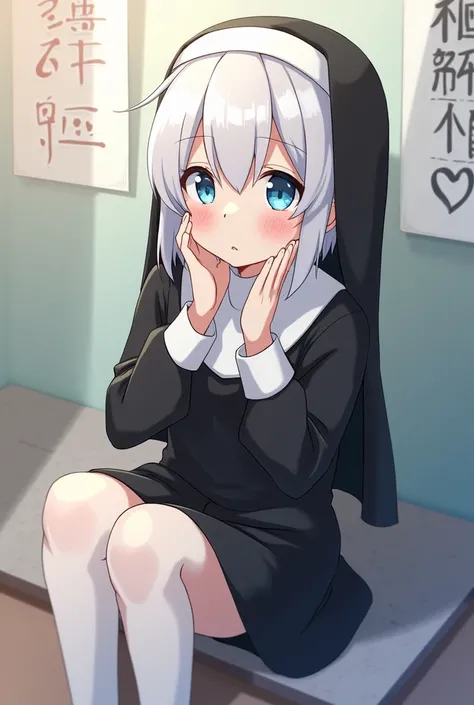 Anime female 1. White short hair. Blue eyes. Black and white Nun outfit. White stocking. Shy. Cute. Astride POV