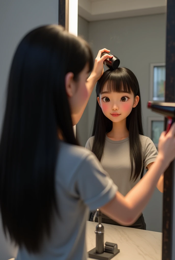 Girl in her 20’s, with very long straight black hair, wearing light grey cotton T-shirt and grey cotton shorts, blow drying her hair at grey hotel mirror. Pixar style 