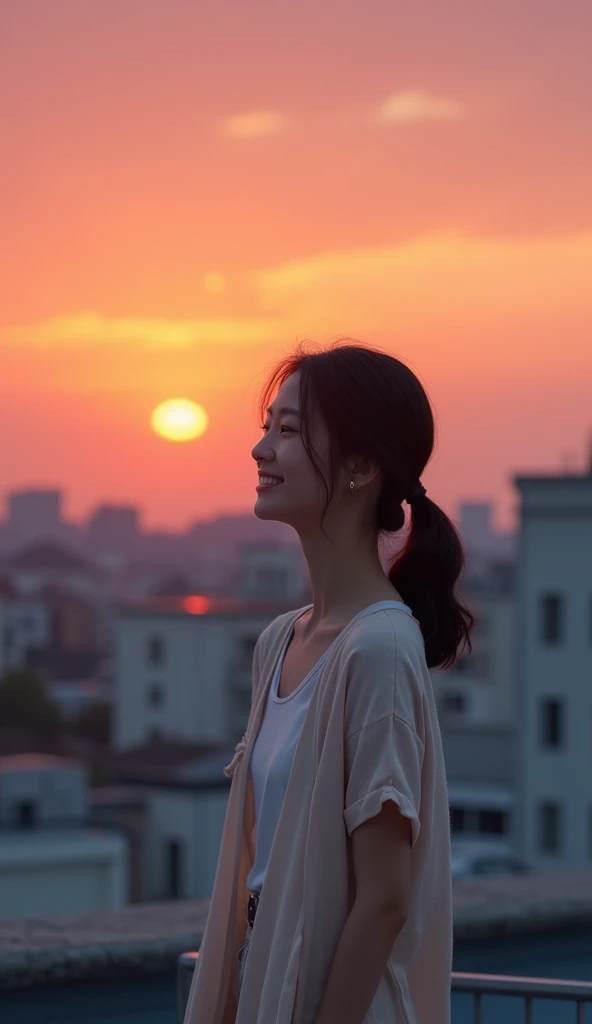 Best Quality, 1 Japanese woman, As the sun sets, painting the sky with hues of orange and pink, a woman (captures a selfie:1.5) on a rooftop overlooking the city skyline. She’s dressed in summer evening casual, with a light scarf draped over her shoulders ...