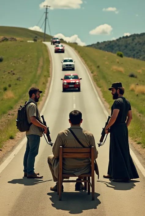 4 men standing with gurns on a road with three cars approaching them with green grass around in a sunny day the 4men look dirty holding Ak Black men facing the cars coming One of them setting on a wooden chair the road should be as sending
ONe of the cars ...