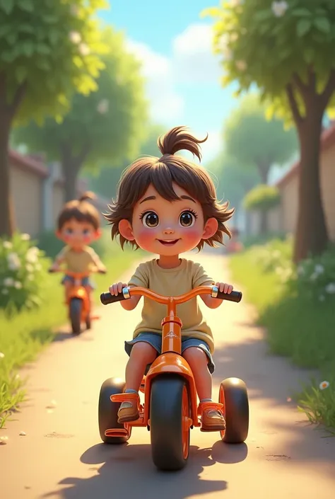 A girl sees her friend in the distance, while holding on to a tricycle 