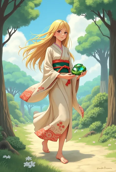 , barefoot wearing kimono, Ghibli studio style, art, high quality, walking smiles, blonde hair. Holding an ancient gem